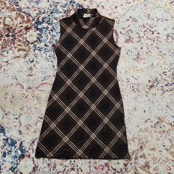 90s Y2K G.A.S. Metallic Plaid Brown Mockneck Mini Dress Size Medium - Picture 1 of 12
